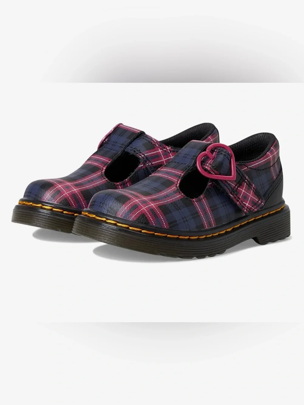 Dr. Martens Girls' Navy and Pink Plaid Heart-Accent Mary Janes